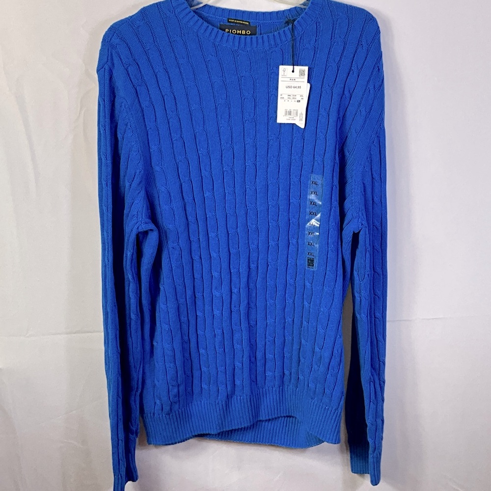 Piombo Italian Blue Cotton Cable Knit Crewneck Sweater Size XXL New